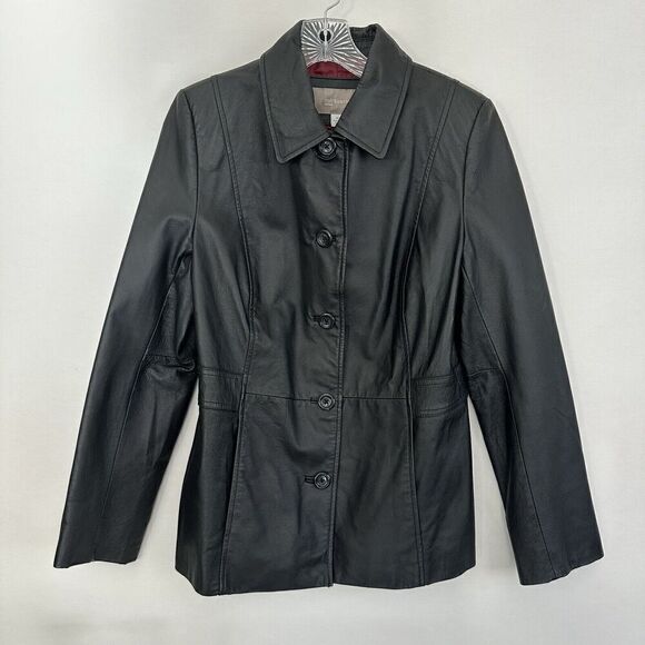 Croft & Barrow Woman's Leather Jacket Coat Size M Button Up Front Red Lining - Picture 2 of 11